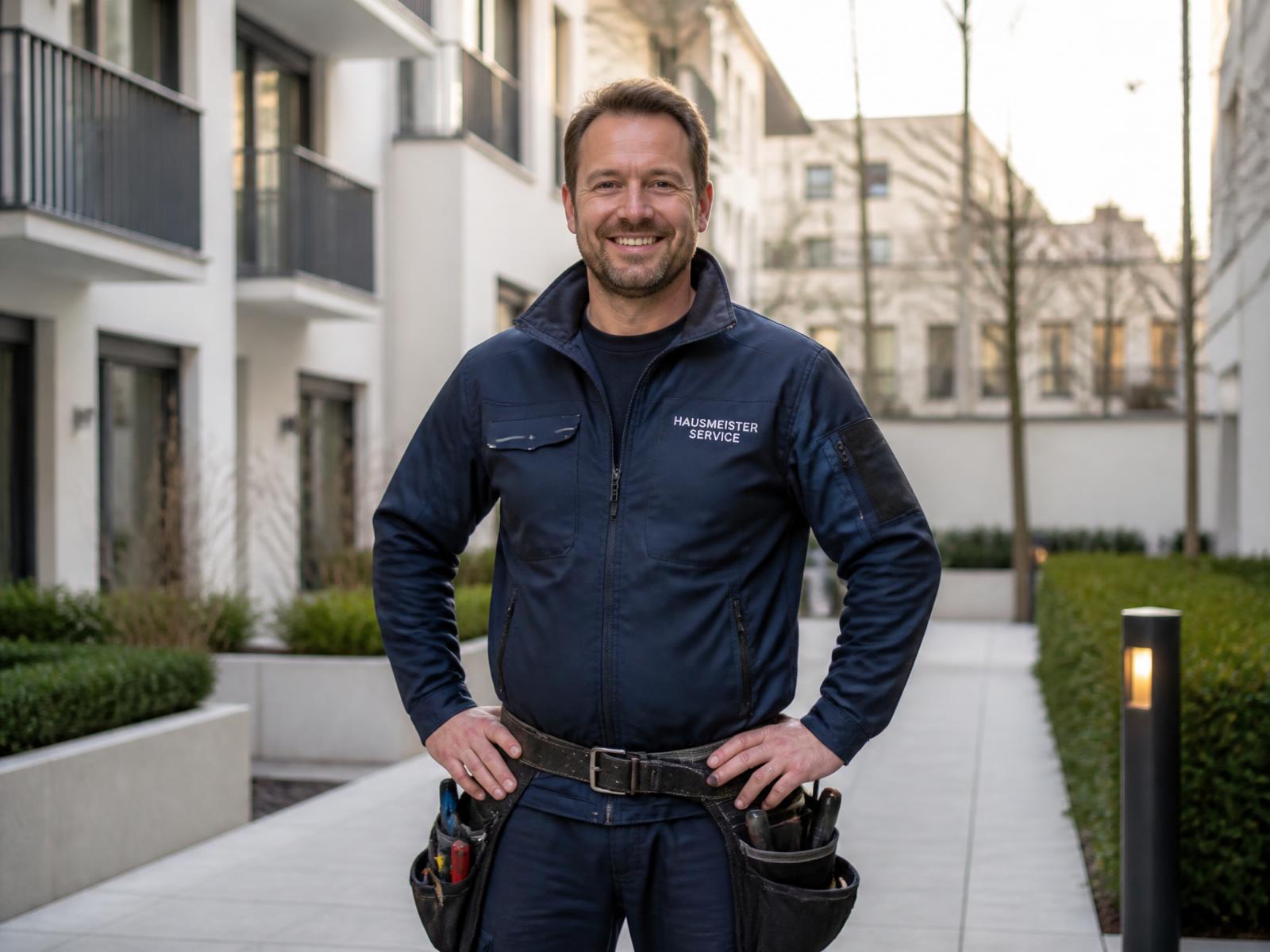 Freundlicher Hausmeister vom Hausmeisterservice München in Arbeitskleidung vor einer Wohnanlage